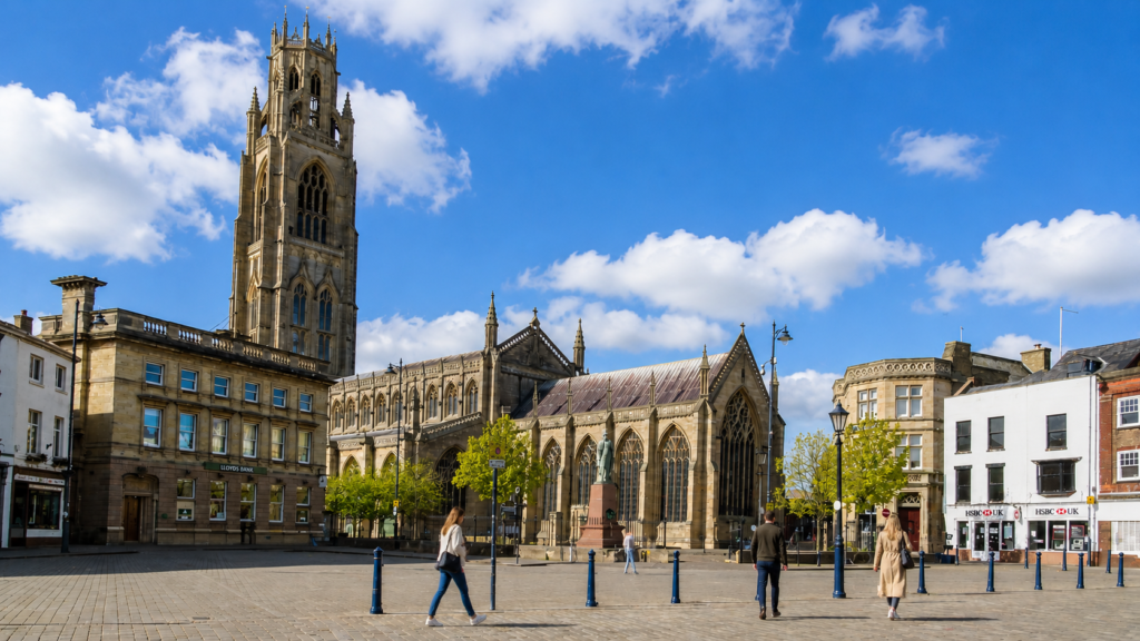 St Botolph’s Church and Boston Market Place in Boston, Lincolnshire, a town served by Ear Rescue for professional ear wax removal and microsuction treatments.