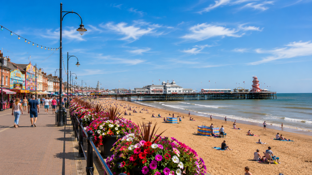View of Skegness seafront, beach and pier on a sunny day in Lincolnshire.