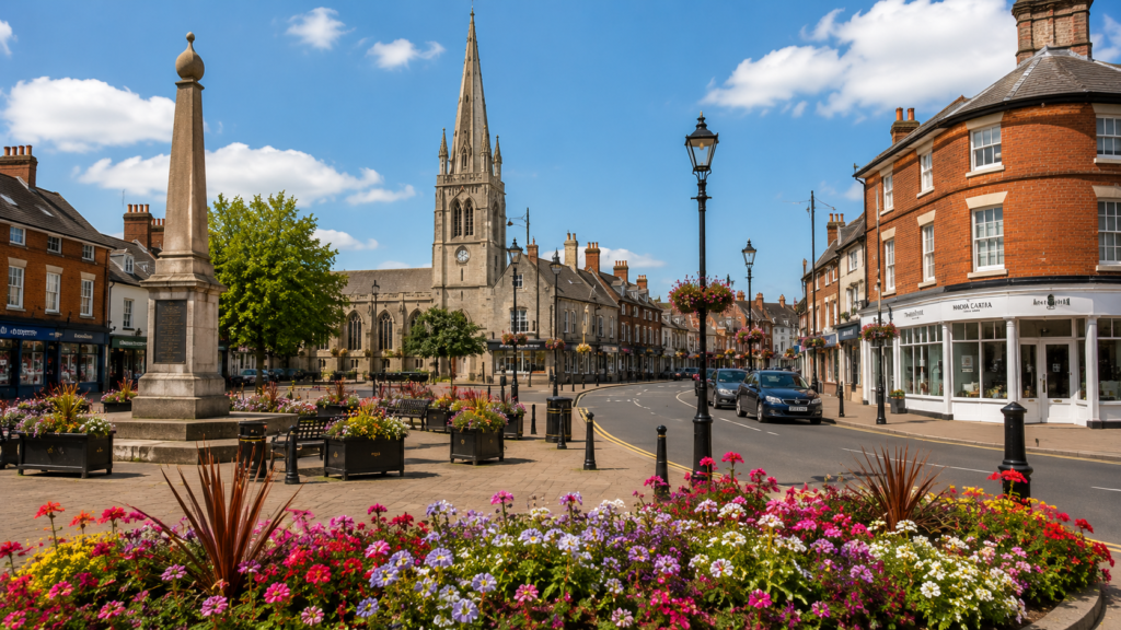 View of Sleaford Market Place and St Denys' Church in Sleaford, Lincolnshire.