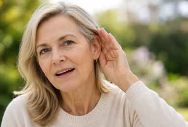 Elderly woman with glasses struggling to hear, illustrating ear wax build-up and hearing difficulty