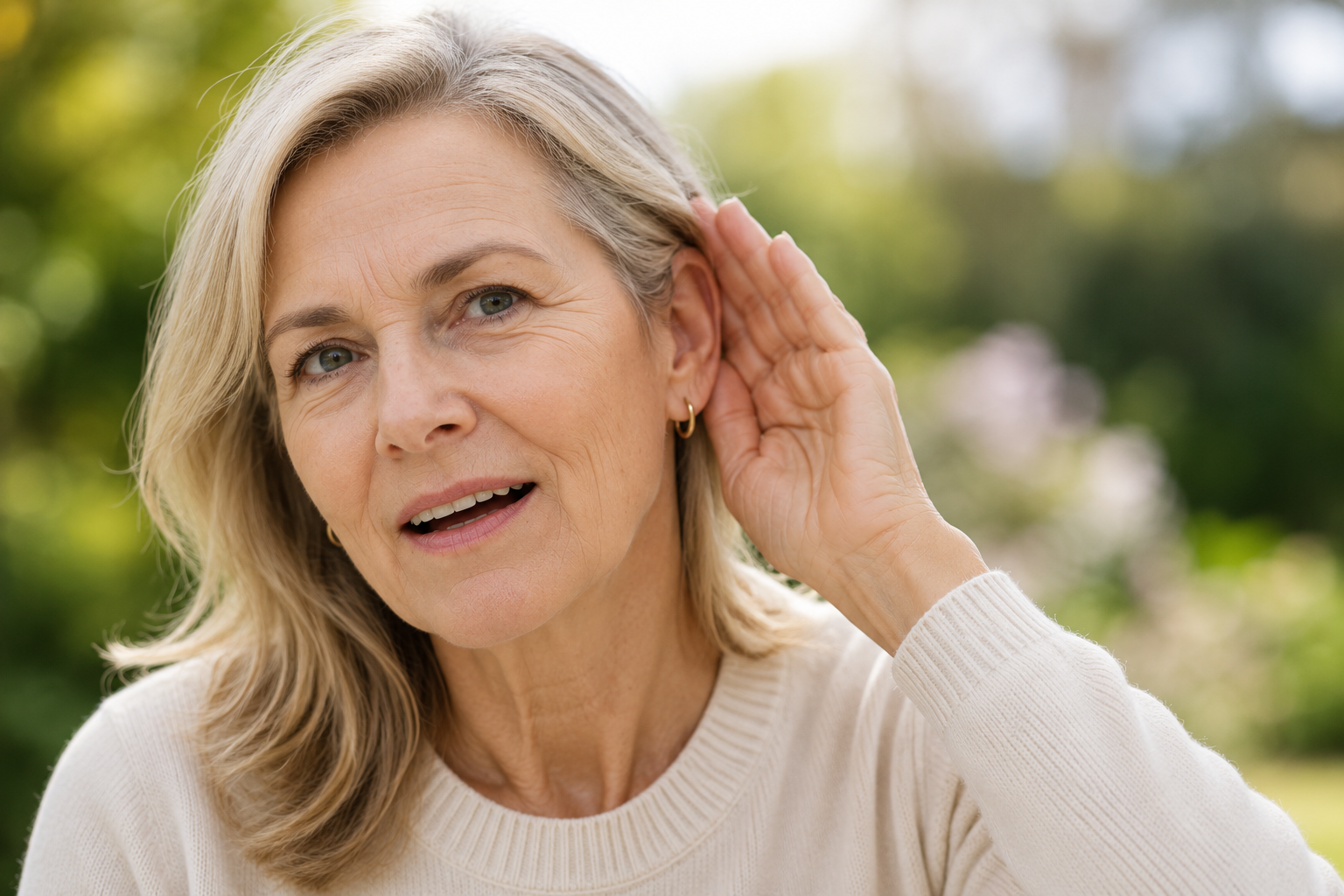 Elderly woman with glasses struggling to hear, illustrating ear wax build-up and hearing difficulty