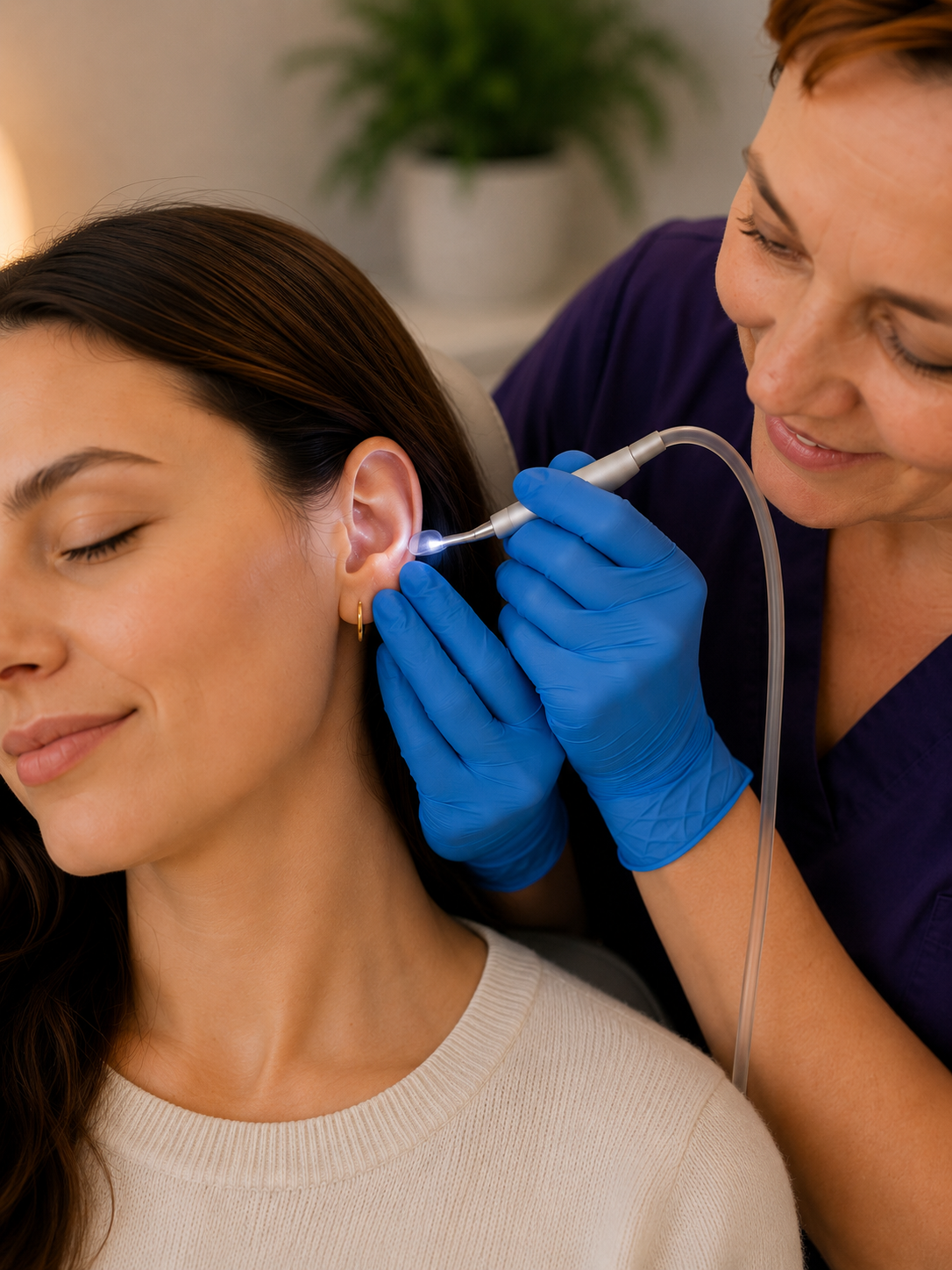 Close-up of a microsuction device being used for ear wax removal at Ear Rescue Boston