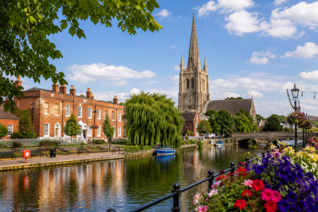 Scenic view of the River Welland and town centre in Spalding, Lincolnshire on a sunny day.